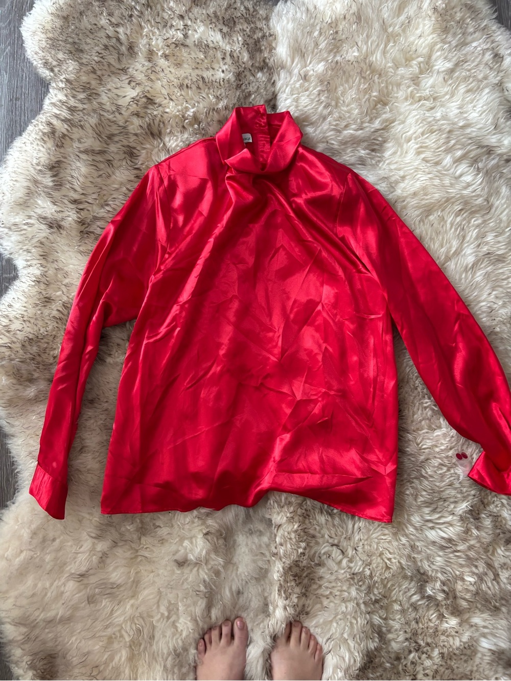 Windsor Red Satin Button-Down Mock Neck Blouse